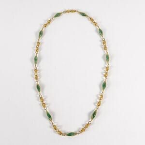 Vintage Gold & Green Stone Beaded Chain Link Necklace Metal Elegant Jewelry